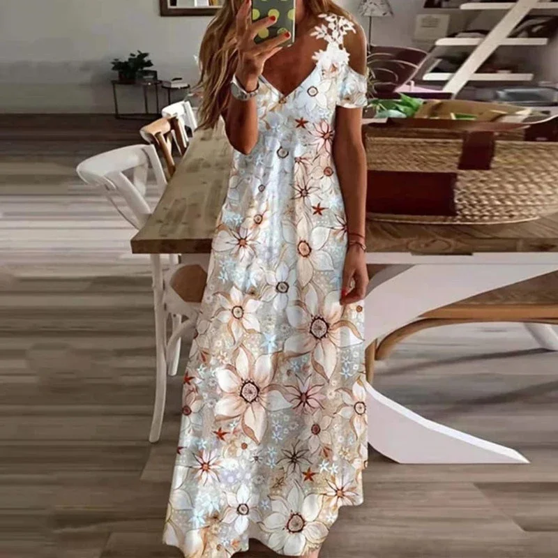Women's Printed White Lace Sleeveless Suspender Dress Summer Fashion Casual Long Dress - Image 6