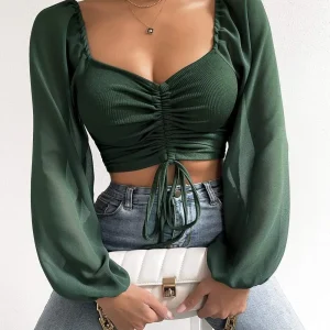 Drawstring Front Sheer Sleeve Crop T-Shirt Women Plunge Neck Long Sleeve Ribb-knit Ruched Blouse Sexy Top Spring Summer Outfit
