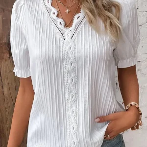 Elegant Women Blouse Shirt V Neck Lace Patchwork Short Sleeve Shirts For Women Summer Lady Tops