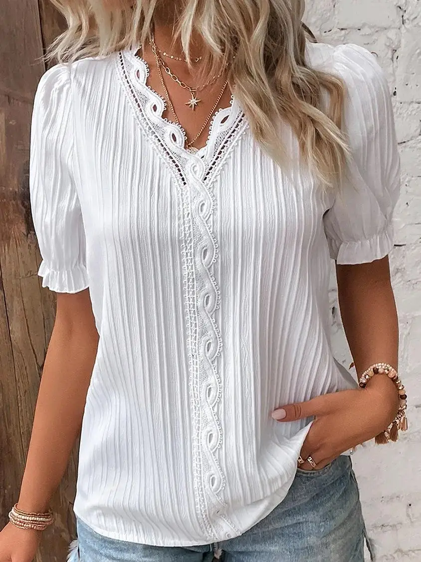 Elegant Women Blouse Shirt V Neck Lace Patchwork Short Sleeve Shirts For Women Summer Lady Tops - الصورة 6