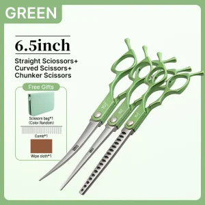 Fenice 6.5 Inch Colorful Straight Curved Thinning Chunker Shears Beginner Friendly Scissors Kit for Practice &Home Groomer Us