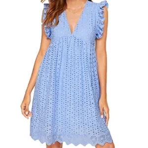 Cross border new lace jacquard hollowed out V-neck dress with pockets and lining shorts for women in Europe and America