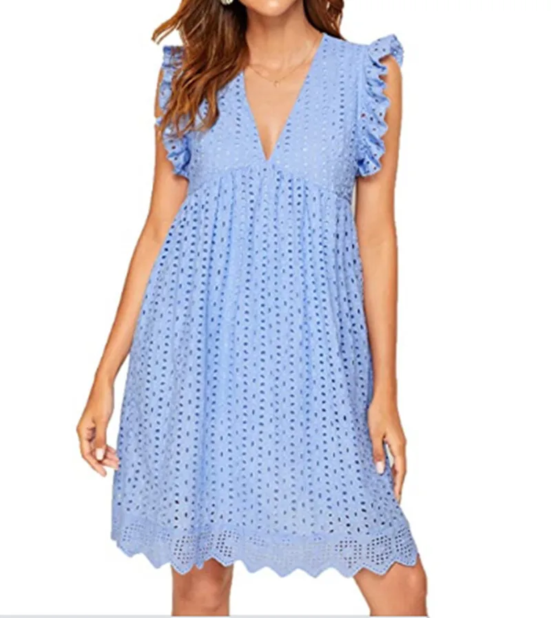 Cross border new lace jacquard hollowed out V-neck dress with pockets and lining shorts for women in Europe and America - Image 12