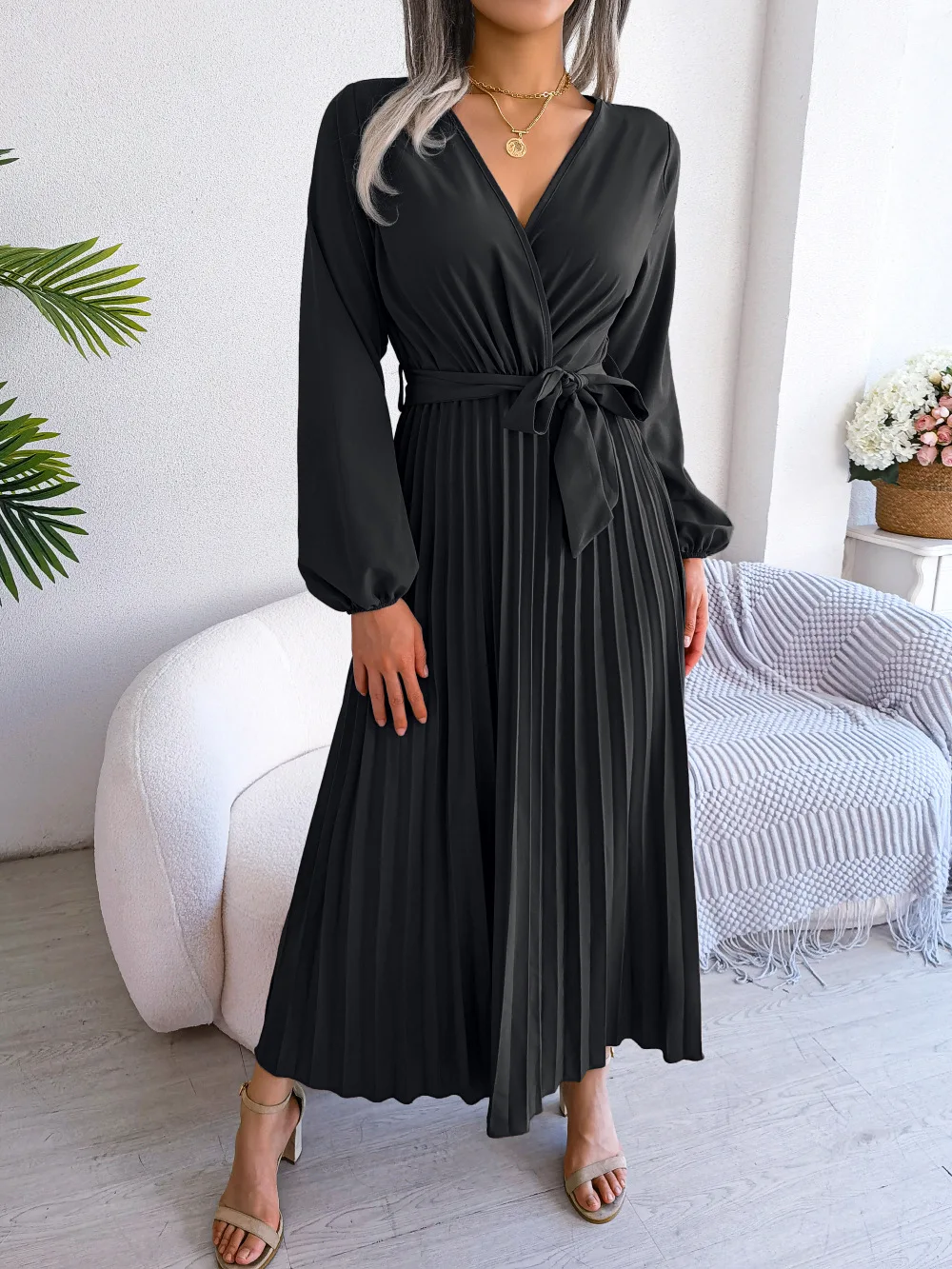 Women Elegant V Neck Long Sleeve Pleated Maxi Dress - Image 8