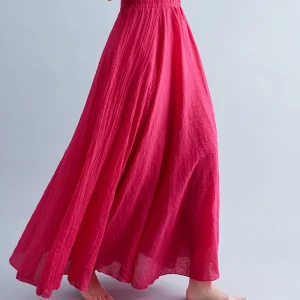 28-Color Mori Girl Literary Cotton Linen Dress Elastic Waist A-line Expansion Skirt Solid Color Ethnic Style Women Long Skirts