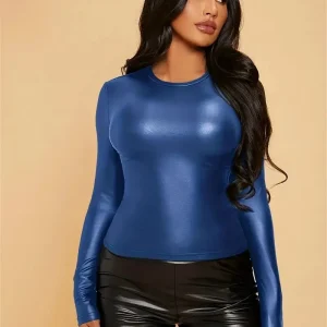 Spring and Autumn Women's PU Leather Slim Fit T-Shirt Round Neck Long Sleeve T-Shirt