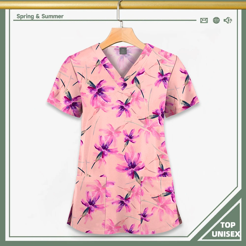 Surgical Uniform Printing Holiday Beautiful Shirt V-neck Style Pocket Design Blouse Surgical Top Woman Men Nurse Medical Uniform - الصورة 32