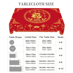 1 Piece of Chinese Blessing Red Round Tablecloth, 5 Sizes, Chinese Spring Festival Wealth Cantonese Printed Square Tablecloth, Edge Embossing Process, Wedding Garden Tablecloth Decoration, Tablecloth for Daily Home Kitchen, Terrace Use, Chinese Wedding Decoration Gifts