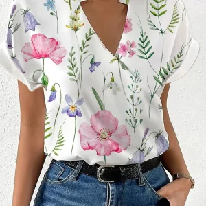 Elegant Blouse Printed Short Sleeve Shirts 2024 Summer Office Lady Cross V-Neck Flower Shirt S-XXL