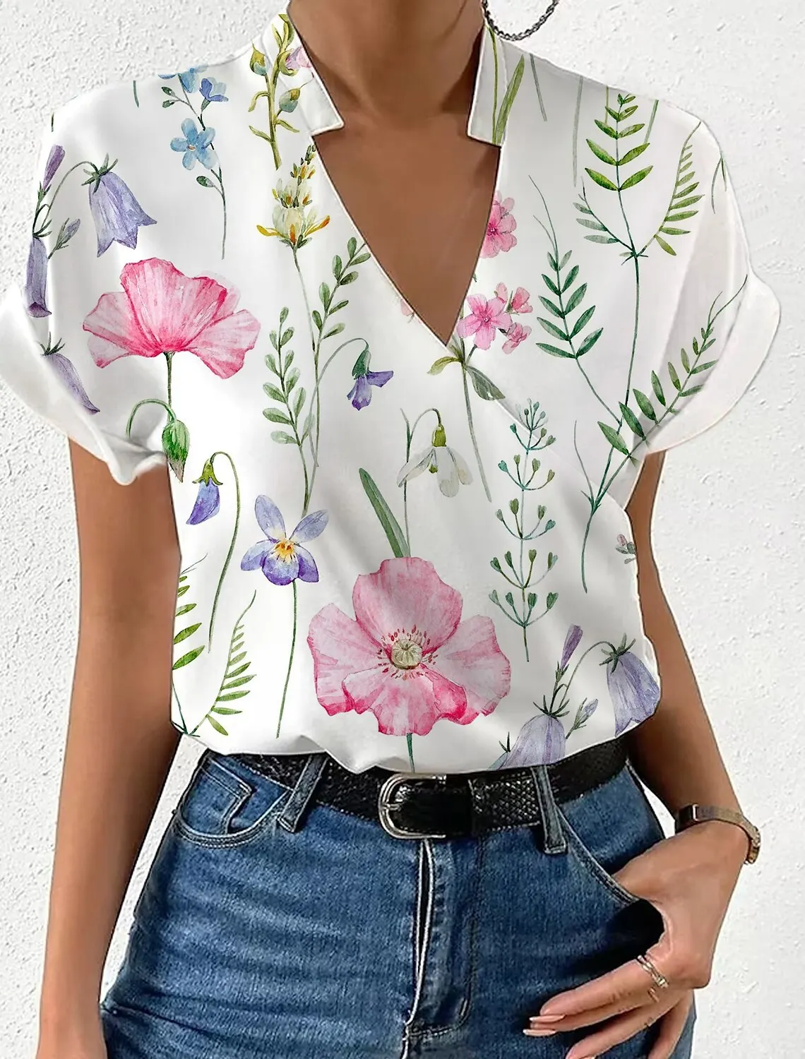 Elegant Blouse Printed Short Sleeve Shirts 2024 Summer Office Lady Cross V-Neck Flower Shirt S-XXL - Image 2
