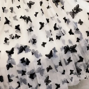 Butterfly Flocking Tulle Long Skirt Women Aesthetic Casual A Line Elastic High Waist Midi Mesh Skirt Female Black