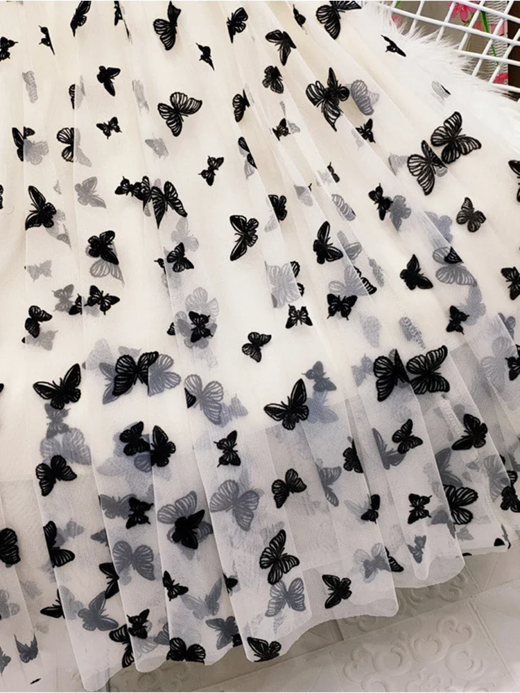 Butterfly Flocking Tulle Long Skirt Women Aesthetic Casual A Line Elastic High Waist Midi Mesh Skirt Female Black - الصورة 2