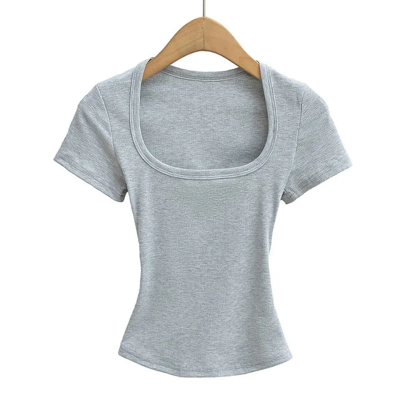 Summer square neck high elasticity crop top women's short sleeved sexy top slim fit pullover base shirt - Image 8
