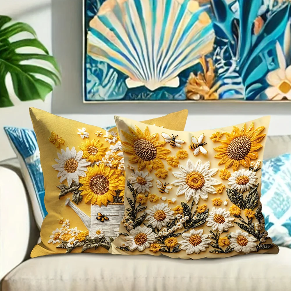 Floral Pillow Covers with Sunflowers, Daisies, Bees, and Butterflies Sofa cushion cover home room decoration 2D flat printing - Image 2