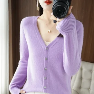 Cardigans Women 2025 Autumn Single Breasted V-neck Knitted Sweater Fashion Short Knitwear Solid Blue Green Pink Women's Jumpers