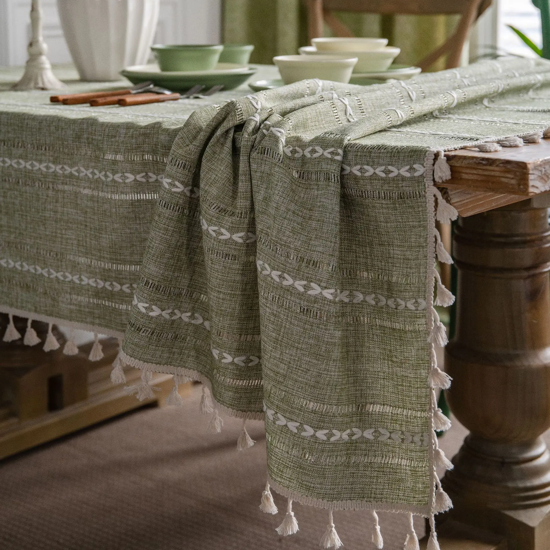 Cotton Linen Stripe Tassel Tablecloth Stain Resistant Dust-Proof Table Cover for Kitchen Dinning Tabletop Decoration Rectangular - Image 2