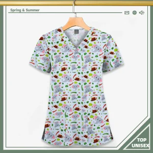 Surgical Uniform Printing Holiday Beautiful Shirt V-neck Style Pocket Design Blouse Surgical Top Woman Men Nurse Medical Uniform