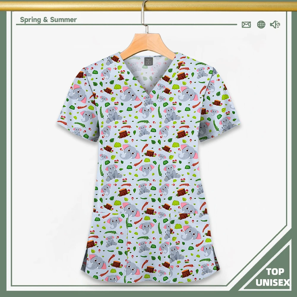 Surgical Uniform Printing Holiday Beautiful Shirt V-neck Style Pocket Design Blouse Surgical Top Woman Men Nurse Medical Uniform - الصورة 23