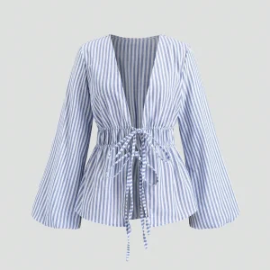 Striped Tie Bow Puff Sleeve Shirt