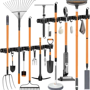 Wall Mount Broom Holder Stainless Steel 5 Racks With 4 Hooks Mop Broom Organizer Heavy Duty Laundry Room Garage Storage Hanger