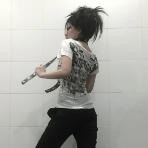 Karrcat Grunge Aesthetics Tattoo Print T-shirt Trashy 2000s Style Letter T Shirt Japanese Y2k White Sheer Tops Gothic Vintage