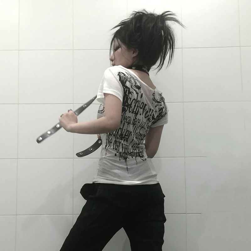 Karrcat Grunge Aesthetics Tattoo Print T-shirt Trashy 2000s Style Letter T Shirt Japanese Y2k White Sheer Tops Gothic Vintage - الصورة 3