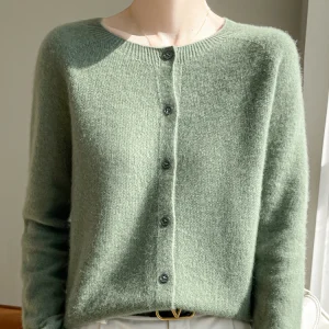 Women's Sweater Cardigans 100% Merino Wool Knitwear Raglan Sleeve Cashmere O-neck Solid Autumn Winter Casual Comfortable Tops
