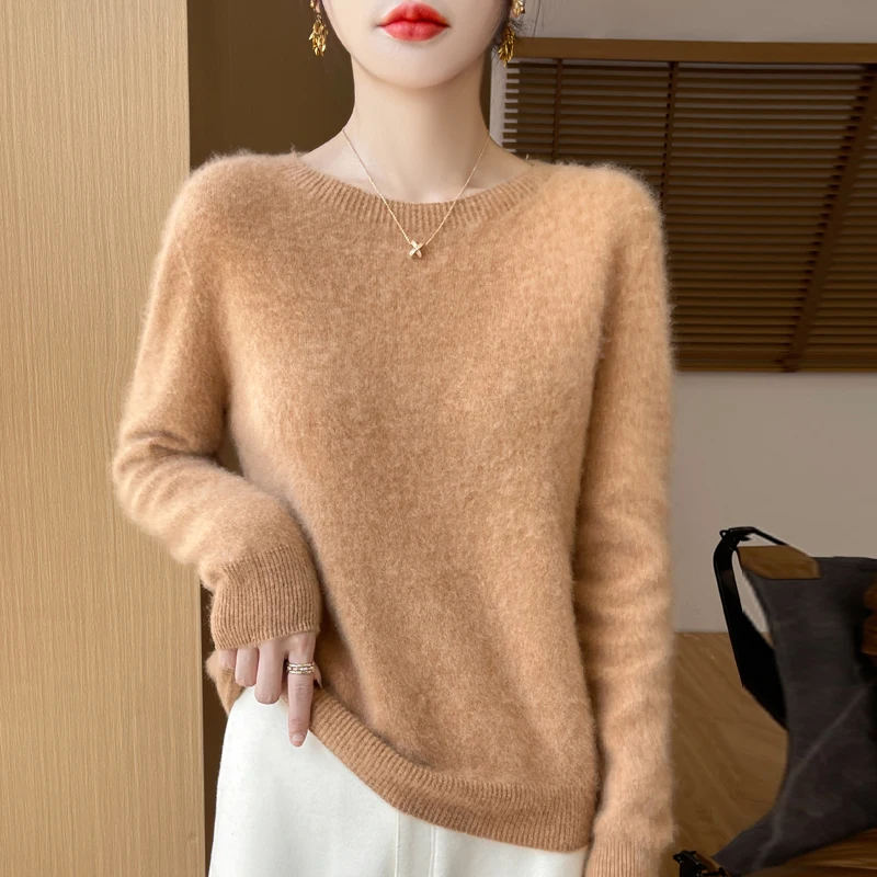 100% Merino solid color sweater ladies autumn and winter new solid color O-neck long sleeve warm fashion loose knit sweater - Image 5