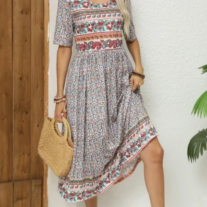 2024 Europe and America autumn ladies round neck short sleeve long skirt Bohemian print dress woman