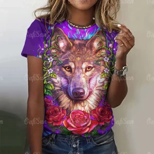 New T-shirt For Women Wolf Print Tees O Neck Loose Short Sleeve Blouse Female Fashion Animal Graphic Tops Harajuku Streetwear