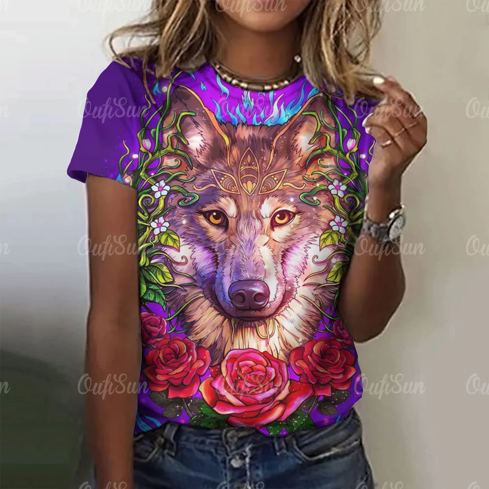 New T-shirt For Women Wolf Print Tees O Neck Loose Short Sleeve Blouse Female Fashion Animal Graphic Tops Harajuku Streetwear - الصورة 22