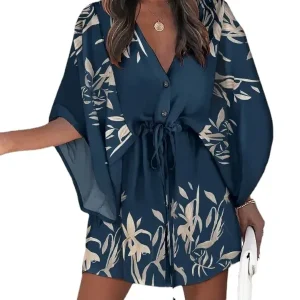 Summer Dress For Women 2024 New Floral Print Bat Half-Sleeve V-Neck Ruffle Irregular Hem Female Dress Casual Boho Women Clothes