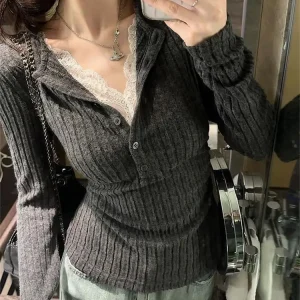 Women's Top Lace Patchwork Long Sleeve T-Shirt Base Shirt Fashion Vintage Fake Two-piece V-neck T-shirt Aesthetic Clothes