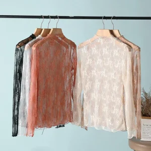 New Women Floral Lace Shirt Spring Autumn Long Sleeve Sexy Mesh Bottoming Shirts Mock Neck Blouse T-Shirt Pullover Top