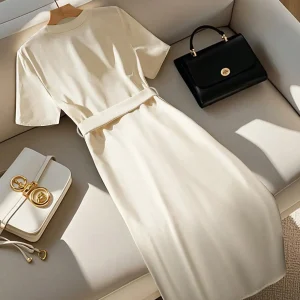 Women's Elegant Simple Round Neck Single Breasted Short Sleeve Belt Midi Dress women dress Women's Elegant Beige Midi Dress
