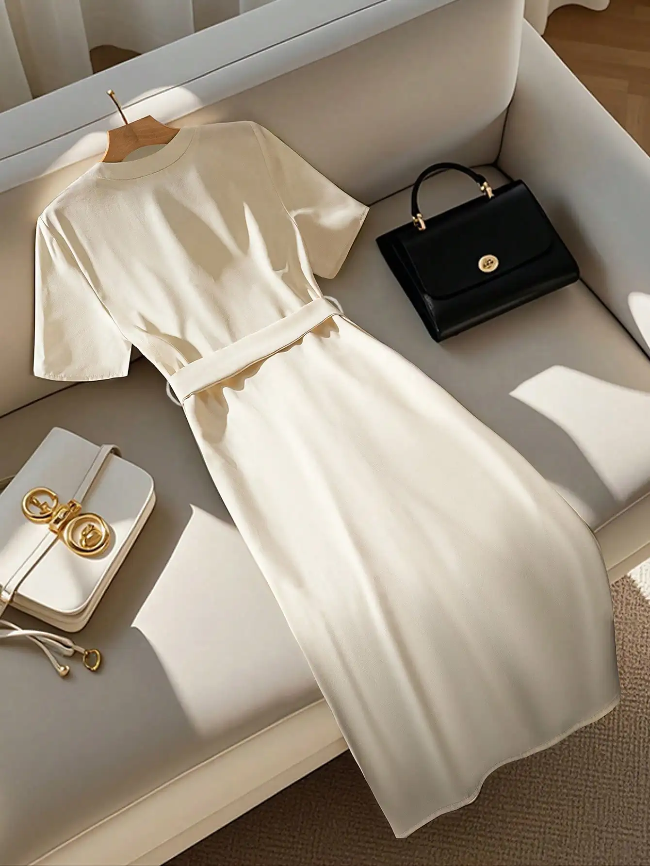 Women's Elegant Simple Round Neck Single Breasted Short Sleeve Belt Midi Dress women dress Women's Elegant Beige Midi Dress - الصورة 2