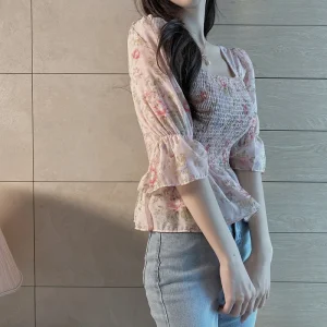 Blouses Women Slim Floral Print Lantern Sleeve Elegant Female Temperament Schoolgirls Summer All-match Leisure Holiday Clothes