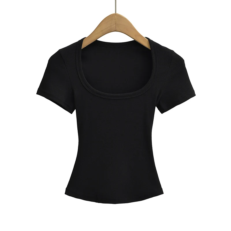 Summer square neck high elasticity crop top women's short sleeved sexy top slim fit pullover base shirt - Image 11
