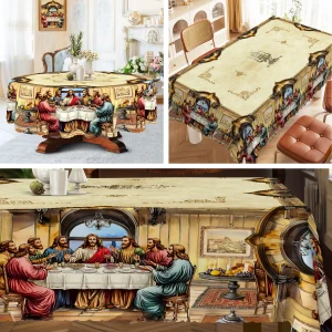 1 Piece, the Last Dinner Theme Tablecloth + 4 Self-Adhesive, Retro Scene Printing, Embossed Edge, Woven Polyester Fabric, Round/Rectangular Tablecloth, for Home Decoration, Kitchen Decoration, Outdoor Garden, Holiday Party, Restaurant Banquet Decoration-Oo-024