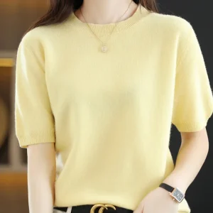 New Short-sleeved Knitwear Women O-neck T-shirt Wool Cotton Blend Pullover Vest Sprig Summer Bottoming Tops Sweater Solid Soft