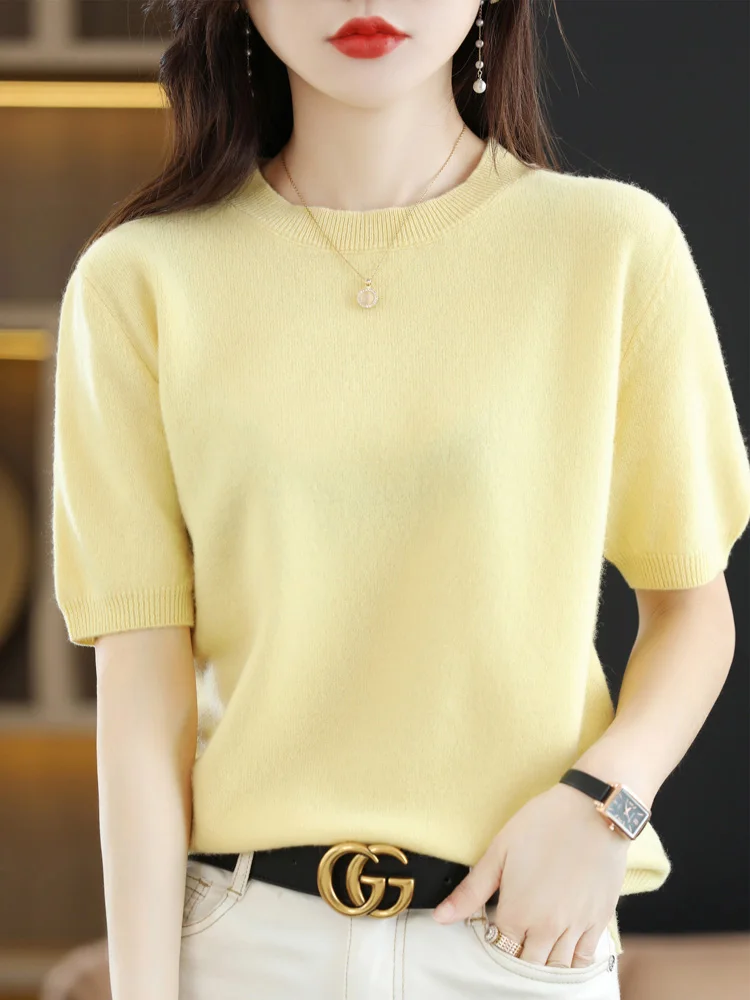 New Short-sleeved Knitwear Women O-neck T-shirt Wool Cotton Blend Pullover Vest Sprig Summer Bottoming Tops Sweater Solid Soft - Image 8