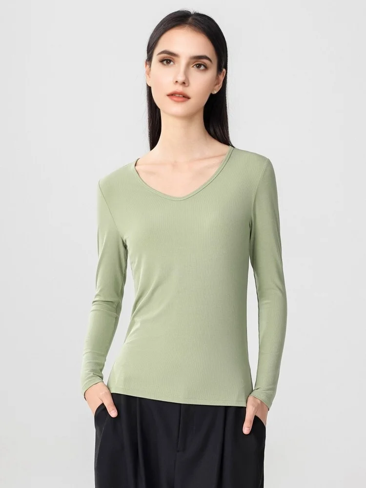 SuyaDream Women Knitted T Shirt Silk Viscose Blend Long Sleeves Solid Basic Cozy Tee 2026 Spring Summer Ribs Top Pink Blue - Image 4