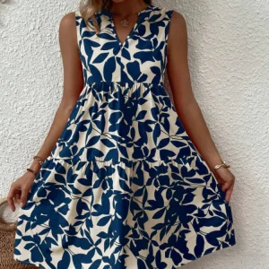 Women Boho Print Mini Dress Summer Elegant Sleeveless V Neck Ruffle A Line Tank Dress Casual Loose Oversize Beach Party Sundress