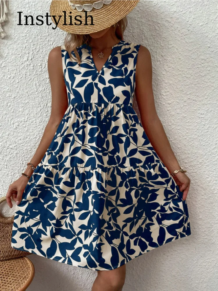 Women Boho Print Mini Dress Summer Elegant Sleeveless V Neck Ruffle A Line Tank Dress Casual Loose Oversize Beach Party Sundress - الصورة 2