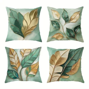 Elegant Green and Gold Leaf PillowcasesLiving room sofa cushion cover, soft and comfortable, bedroom room decoration