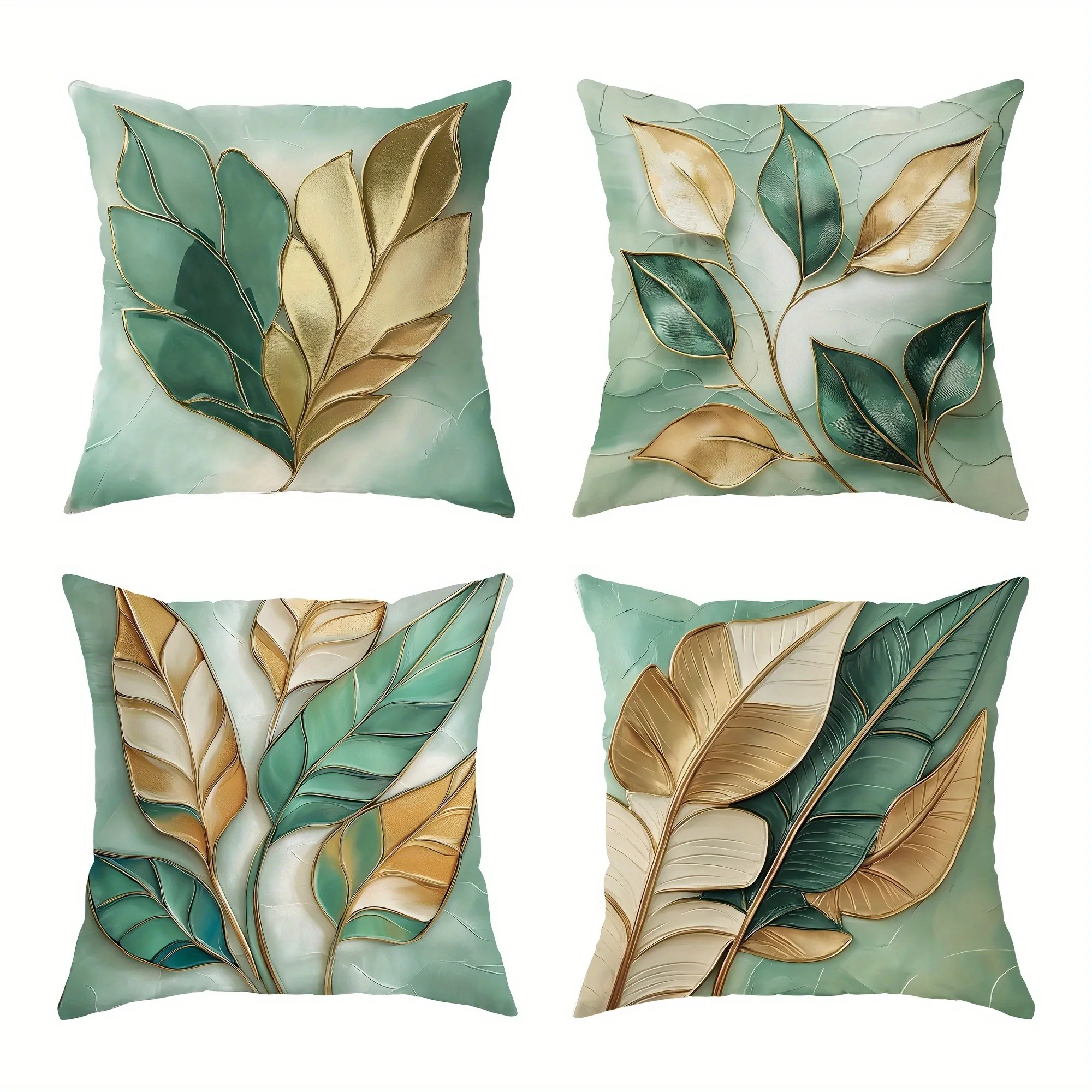 Elegant Green and Gold Leaf PillowcasesLiving room sofa cushion cover, soft and comfortable, bedroom room decoration