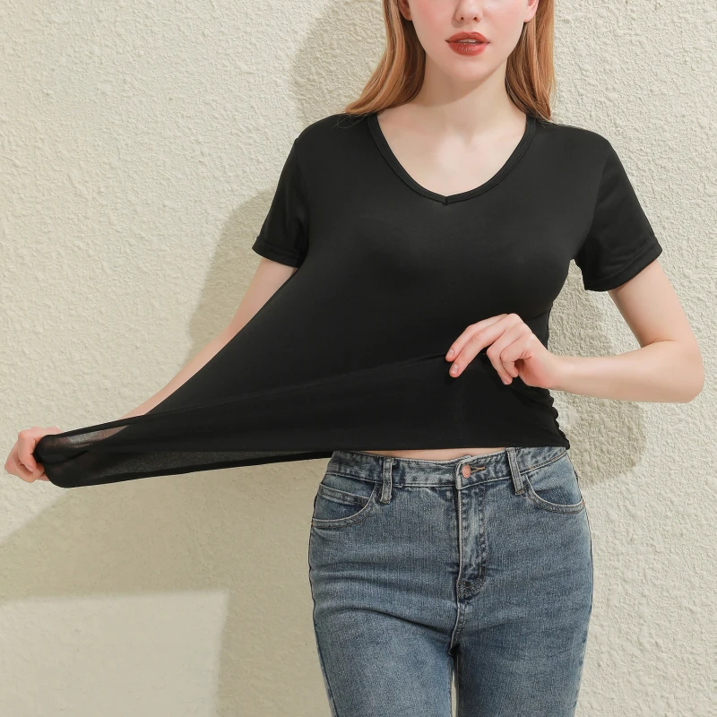 Solid Women Cotton T-shirt V-Neck Short Sleeve Female Tee Slim White And Balck T-Shirt Casual Solid Lady Tshirt Tops - الصورة 6