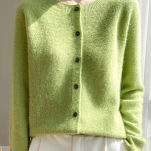 Women 100% Merino Wool Cardigan Soft O-Neck Cashmere Sweater OL Buttoned Knitwear Casual Top Clothing Korean Style