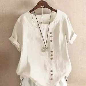 Vintage Harajuku Button T Shirt Casual Summer Short Sleeve Cotton Linen Solid Loose Blouse Elegant Oversize Tee Shirt Streetwear