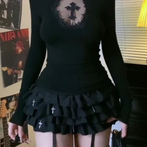 Turtleneck Top Y2k Clothes Black Gothic Cross Hollow Slimming Bottom T Shirt for Women Long Sleeve Sexy T-shirt Girls Tops